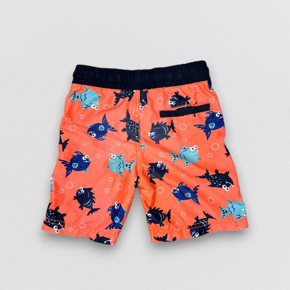 Neon Orange Fish Print Swim Trunks Boys 3T Beach Summer